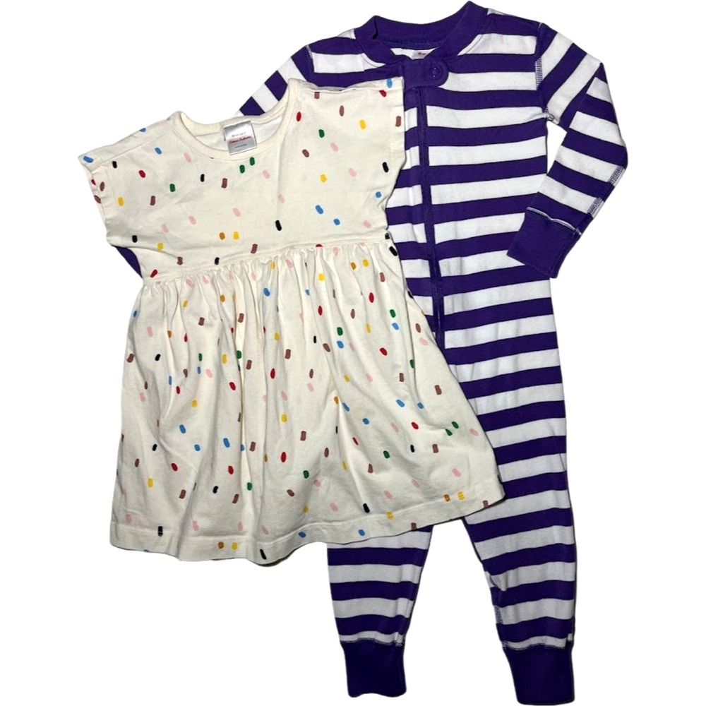 Hanna‎ Andersson 2T Stripe Pajama Zip Up Dress Lot Sz 85 Girl Purple Beige White